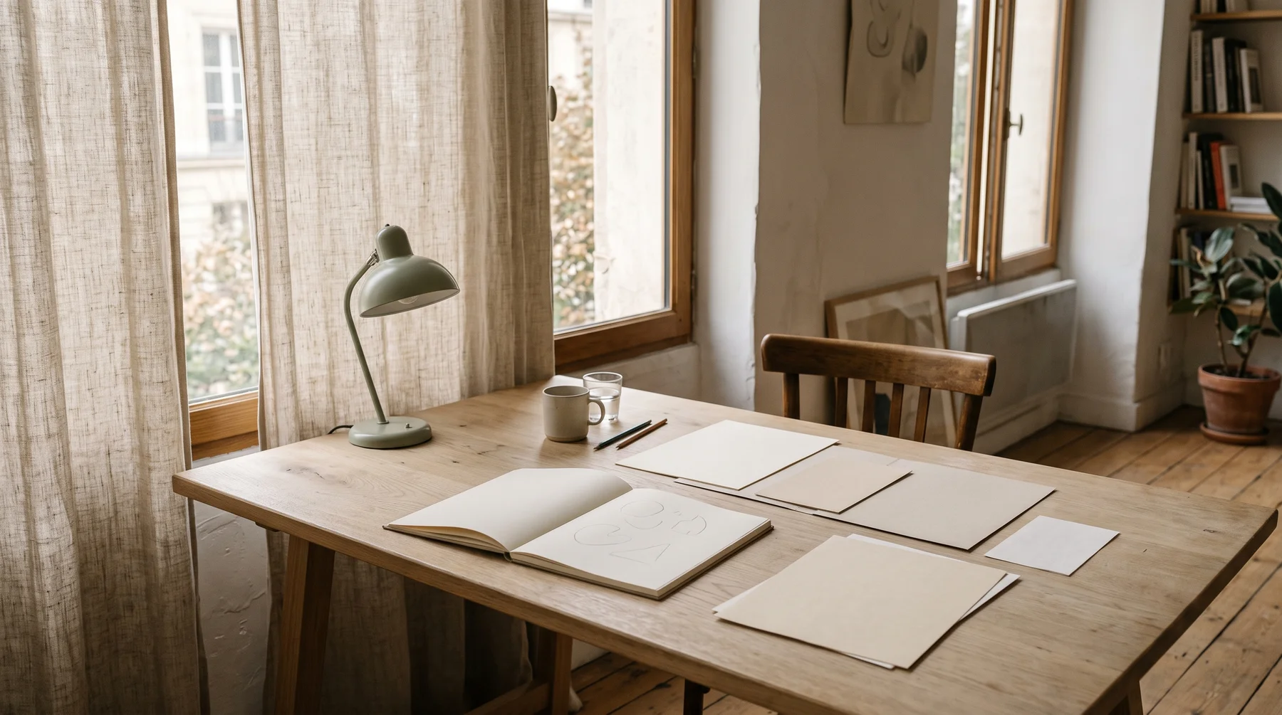 Un espace de travail créatif, avec des maquettes et des échantillons de matières.