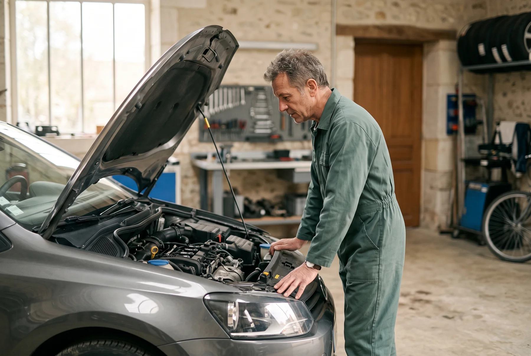 Technicien inspectant le compartiment moteur dans un atelier.
