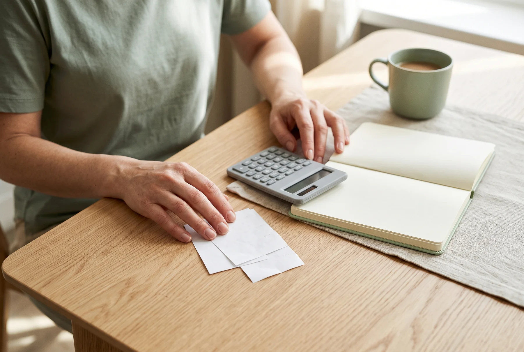 Des mains organisent un budget automobile avec une calculatrice et des reçus.